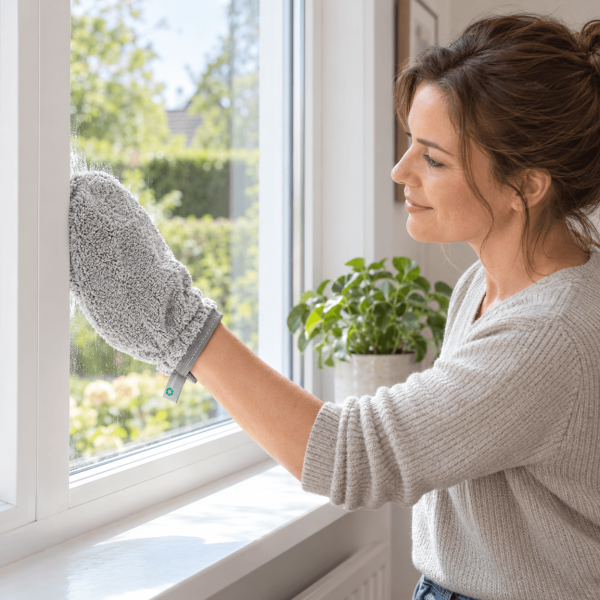 Vrouw maakt een raam en het raamkozijn schoon met een microvezel schoonmaakhandschoen