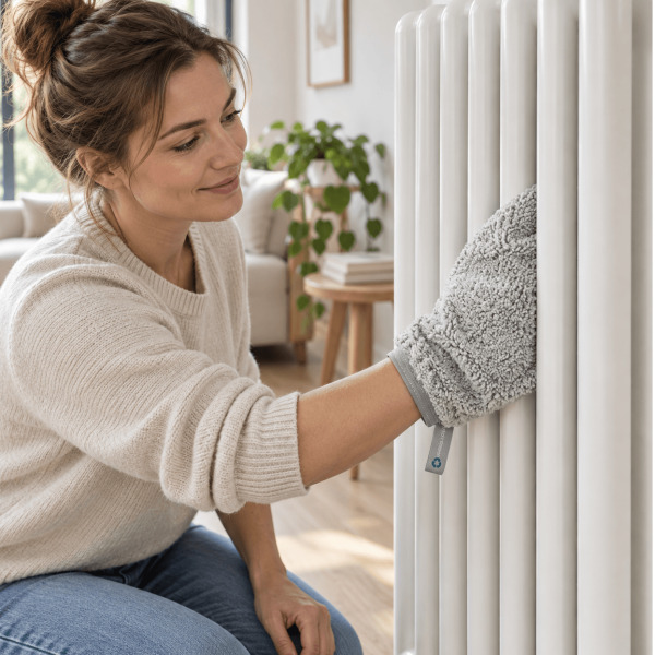 Vrouw reinigt tussen de smalle lamellen van een radiator met een flexibele microvezel schoonmaakhandschoen