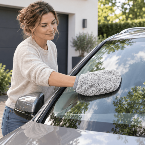 Vrouw maakt de voorruit van een auto schoon met een grijze microvezel schoonmaakhandschoen