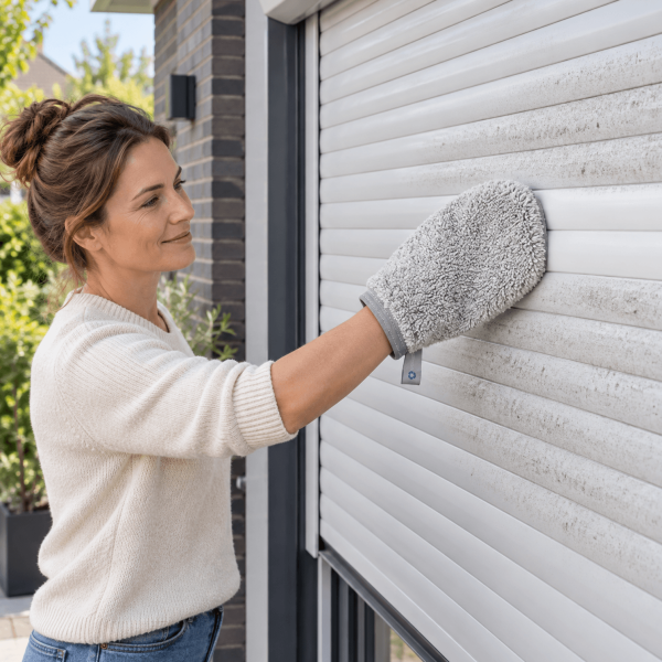 Vrouw verwijdert vuil van witte rolluiken met een grijze microvezel schoonmaakhandschoen