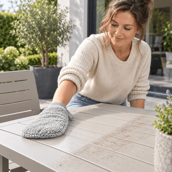 Vrouw maakt een kunststof tuintafel schoon met een grijze microvezel schoonmaakhandschoen