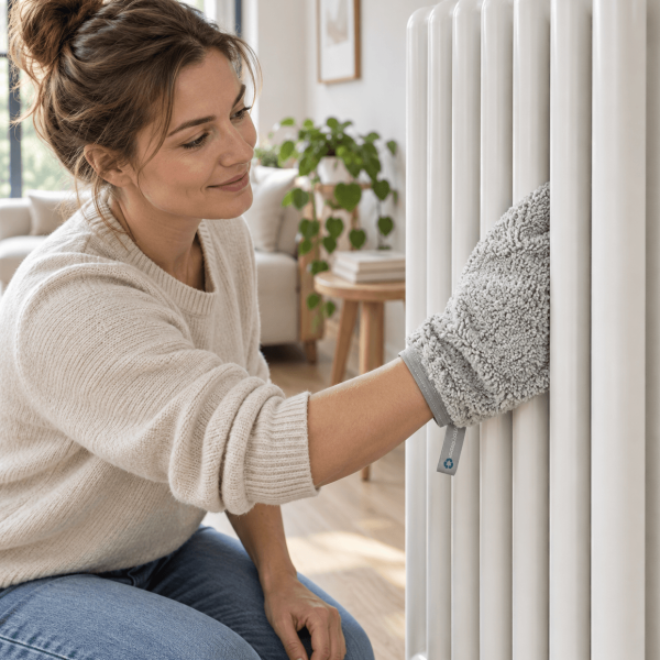 Vrouw reinigt tussen de smalle lamellen van een radiator met een flexibele microvezel schoonmaakhandschoen