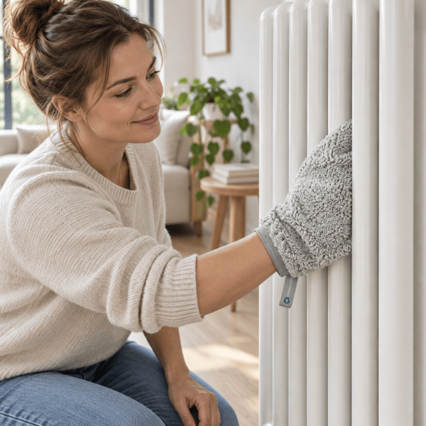 Vrouw reinigt tussen de smalle lamellen van een radiator met een flexibele microvezel schoonmaakhandschoen