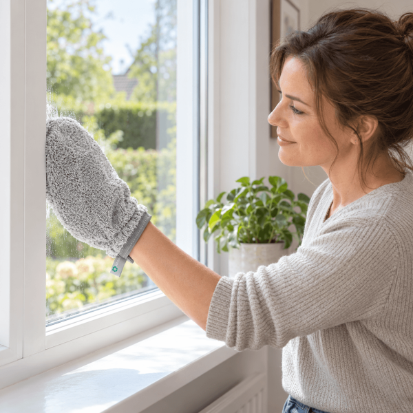 Vrouw maakt een raam en het raamkozijn schoon met een microvezel schoonmaakhandschoen