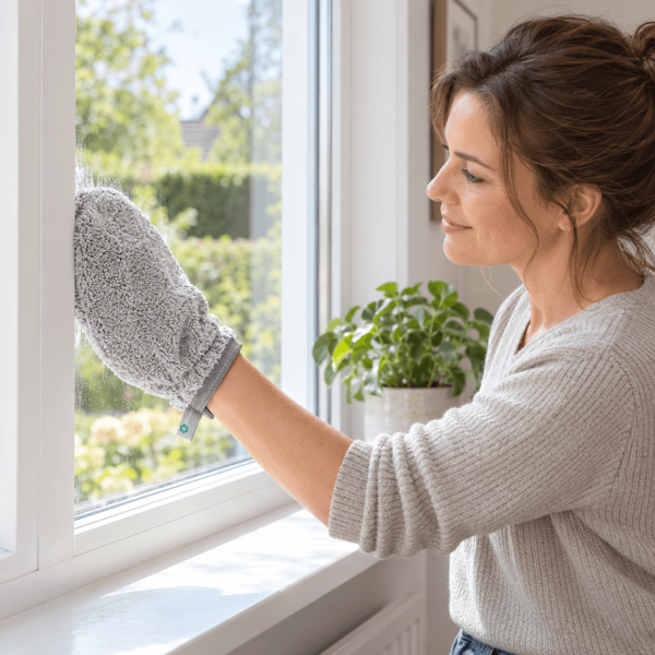 Vrouw maakt een raam en het raamkozijn schoon met een microvezel schoonmaakhandschoen