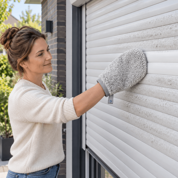 Vrouw verwijdert vuil van witte rolluiken met een grijze microvezel schoonmaakhandschoen