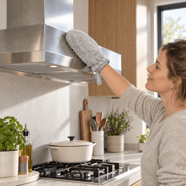 Vrouw reinigt een roestvrijstalen afzuigkap met een grijze microvezel schoonmaakhandschoen