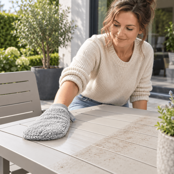 Vrouw maakt een kunststof tuintafel schoon met een grijze microvezel schoonmaakhandschoen