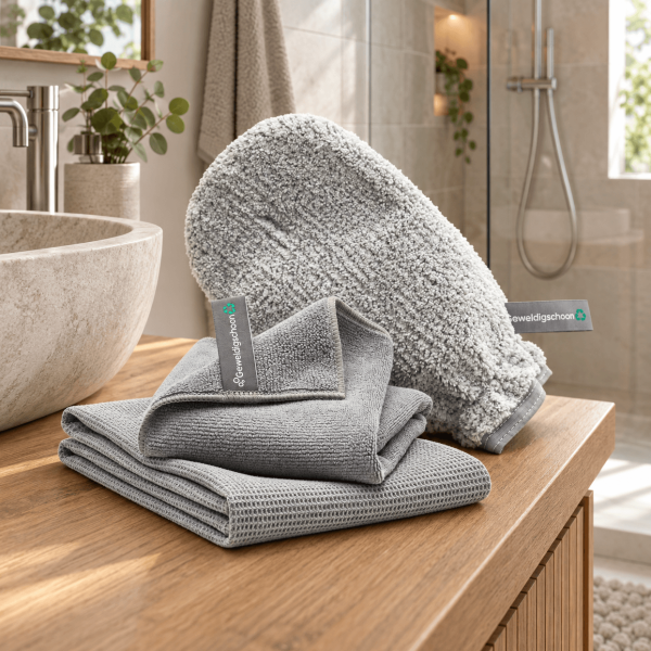 Geweldigschoon raamdoekenset met microvezel schoonmaakhandschoen in de badkamer