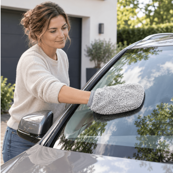 Vrouw maakt de voorruit van een auto schoon met een grijze microvezel schoonmaakhandschoen